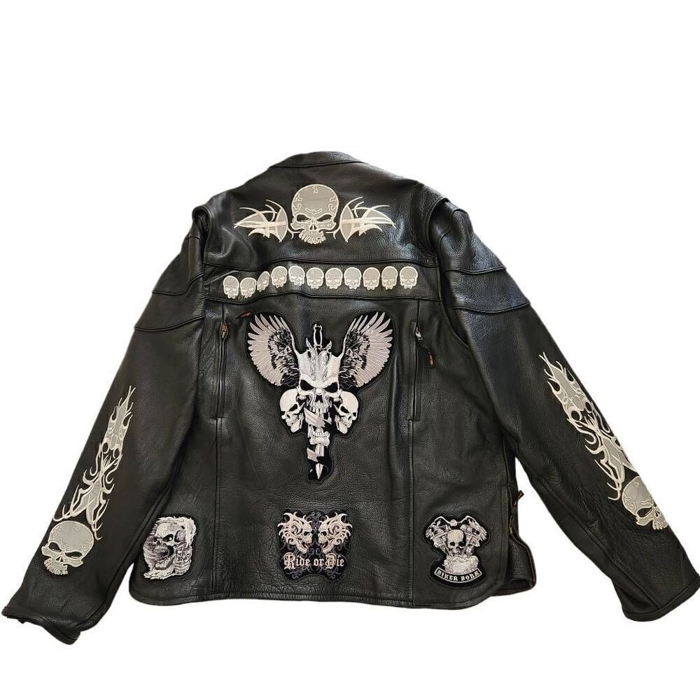 Vance Leather Jacket Mens 3XL Biker Skulls Reflective Full Zip Motorcycle